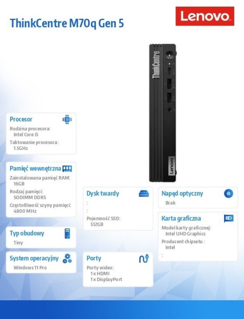 Komputer M70q Tiny G5 12TD0017PB W11Pro i5-14400T/16GB/512GB/INT/3YRS OS Lenovo