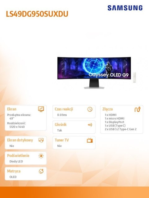 Monitor 49 cali Odyssey G9 G95SD OLED 5120x1440 DQHD 32:9 1xHDMI 1xmicroHDMI 1xDP 1xUSB-C 2xUSB 0,03ms 240Hz zakrzywiony głośnik Samsung