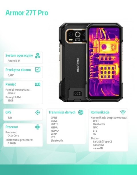 Smartfon Armor 27T Pro 5G 12/256GB IP69K termowizja Czarny ULEFONE