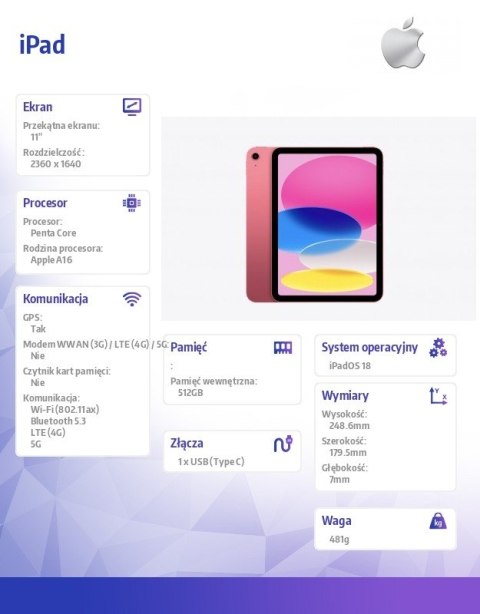 IPad WiFi + Cellular 11 cali 512 GB Różowy Apple