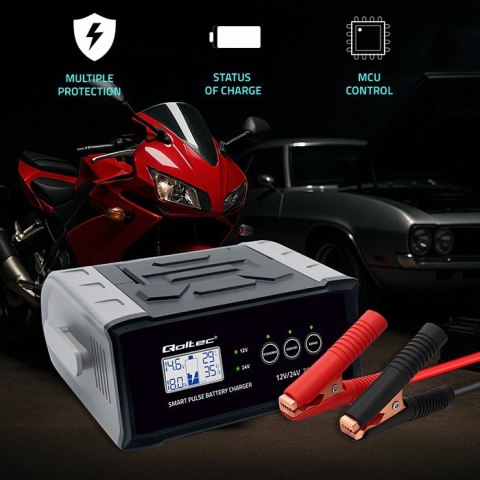 Mikroprocesorowa ładowarka 12V 24V 25A | Prostownik z funkcją naprawy do akumulatora AGM GEL SLA | LCD Qoltec
