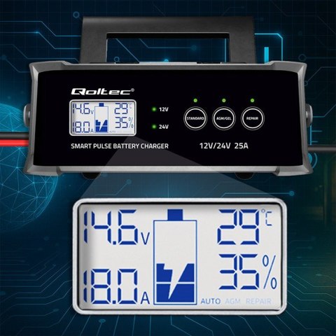 Mikroprocesorowa ładowarka 12V 24V 25A | Prostownik z funkcją naprawy do akumulatora AGM GEL SLA | LCD Qoltec