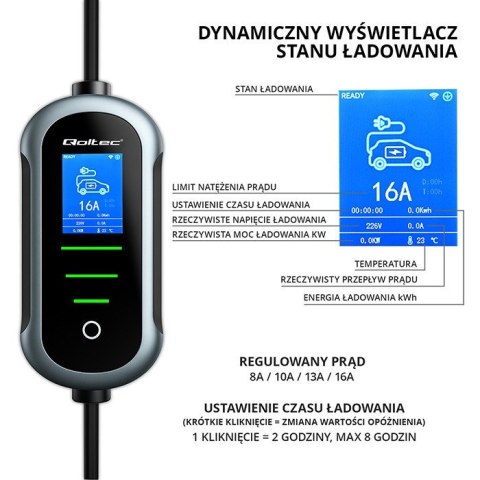 Mobilna ładowarka do samochodu elektrycznego EV z regulacją 2w1 Typ2 | 11kW | 400V | Wi-Fi | TUYA | SMART LIFE | LCD | Wallbox  Qoltec