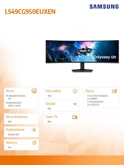 Monitor 49 cali Odysey G9 G95C VA 5120x1440 DQHD 32:9 2xHDMI 1xDP 2xUSB 2.0 1ms 240Hz zakrzywiony 3Yd2d (LS49CG950EUXEN) Samsung