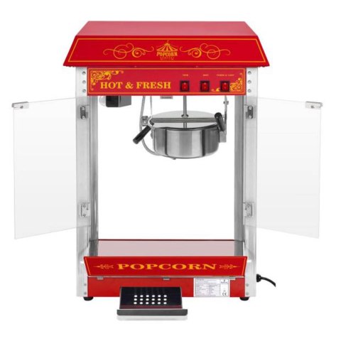 Profesjonalna wydajna maszyna do popcornu mobilna na wózku 230V 1.5kW czerwona Royal Catering