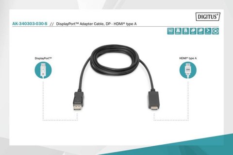 Kabel adapter DisplayPort 1.2 z zatrzaskiem 4K 60Hz UHD Typ DP/HDMI A M/M czarny 3m Digitus