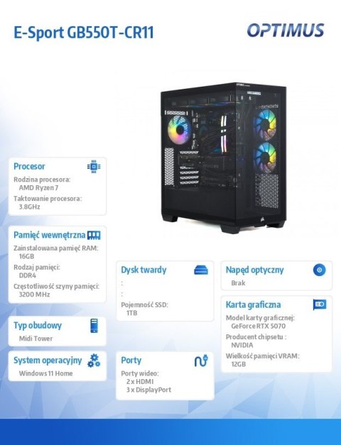 Komputer E-Sport GB550T-CR11 R7-5800X/16GB/1TB/RTX 5070 OC 12GB/W11 OPTIMUS