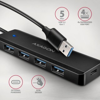 HUE-C1A 4-portowy hub USB 5Gbps Travel, USB-C power IN, kabel Type-A 19cm, USB-C dodatkowe zasilanie AXAGON