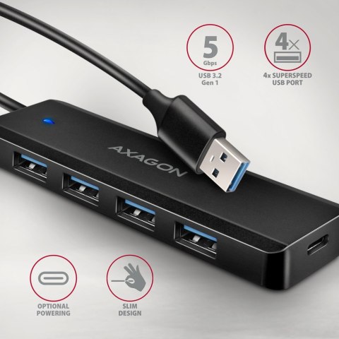HUE-C1A 4-portowy hub USB 5Gbps Travel, USB-C power IN, kabel Type-A 19cm, USB-C dodatkowe zasilanie AXAGON