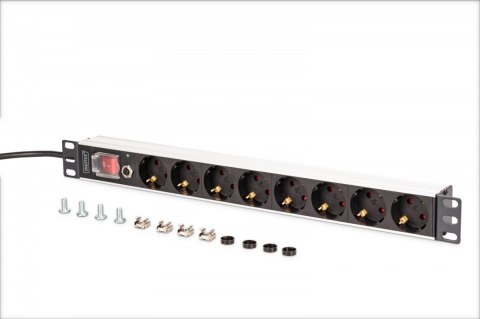 Listwa zasilająca PDU Rack 19" z zabezpieczeniem przeciążeniowym, 8 gniazd Schuko CEE 7/3 (45°), kabel 2m wtyk Unischuko, 16A, a Digitus