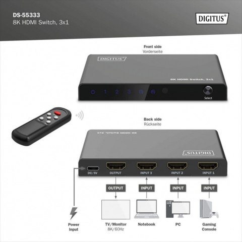 Przełącznik/Switch 8K HDMI 3x1, 60Hz (4:4:4), HDR, HDCP 2.3, pilot, Czarny Digitus