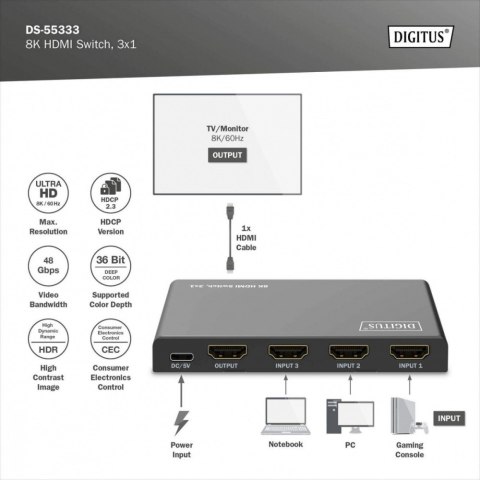 Przełącznik/Switch 8K HDMI 3x1, 60Hz (4:4:4), HDR, HDCP 2.3, pilot, Czarny Digitus