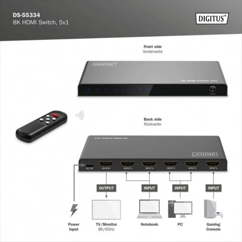 Przełącznik/Switch 8K HDMI 5x1, 60Hz (4:4:4), HDR, HDCP 2.3, pilot, Czarny Digitus