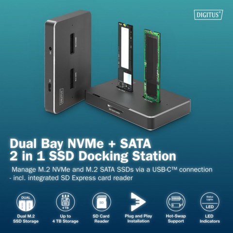 Stacja dokująca USB-C 3.2 Gen2 dla dysków SSD M.2 Duo NVMe oraz SATA (max. 2x 4 TB) z czytnikiem kart SD-Express 7.1 (max. 2 TB) Digitus