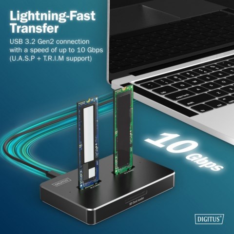 Stacja dokująca USB-C 3.2 Gen2 dla dysków SSD M.2 Duo NVMe oraz SATA (max. 2x 4 TB) z czytnikiem kart SD-Express 7.1 (max. 2 TB) Digitus