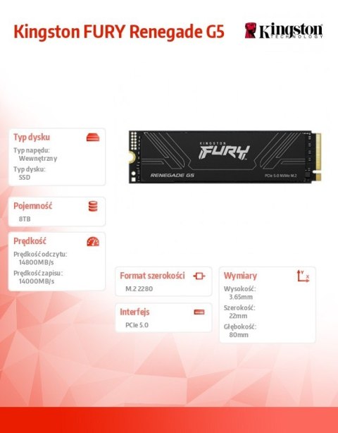 Dysk SSD FURY Renegade G5 8TB NVMe5.0 M.2 2280 14800/14000MB/s Kingston