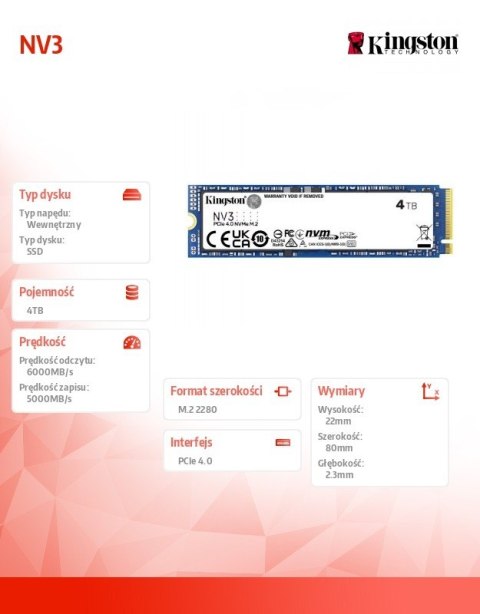 Dysk SSD NV3 4TB M.2 2280 PCI-e 4.0 NVMe 6000/5000 Kingston