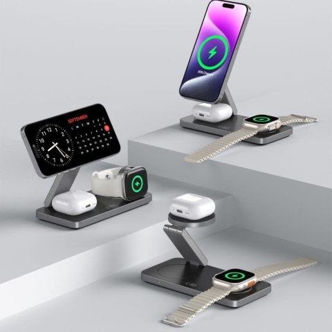 Ładowarka indukcyjna 3w1 do smartfona smartwatcha słuchawek z kablem USB-C - czarna Tech-Protect