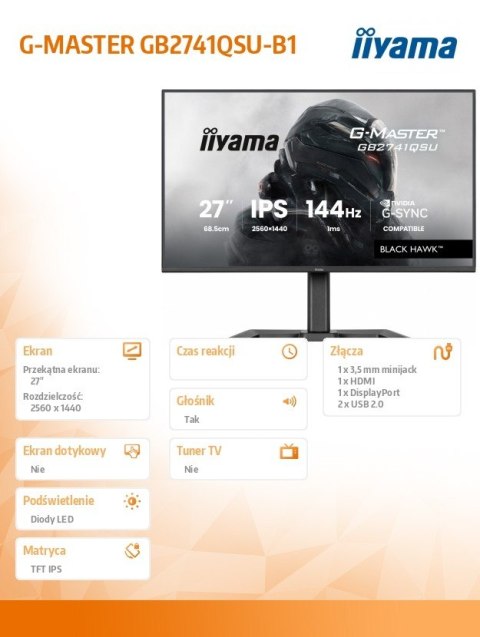 Monitor 27 cali GB2741QSU-B1 IPS,QHD,144Hz,1ms,2xUSB, Adaptive G-SYNC,HDMI,DP,350cd, HAS (150) PIVOT IIYAMA