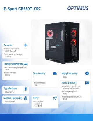 Komputer E-Sport GB550T-CR7 Ryzen 7 5800X/16GB/1TB/RX 9070XT OC 16GB/W11 OPTIMUS