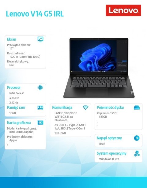 Laptop V14 G5 83GU008FPB W11Pro i5-13420H/16GB/512GB/INT/14.0' FHD/Business Black/3YR OS + 1YR CI Lenovo
