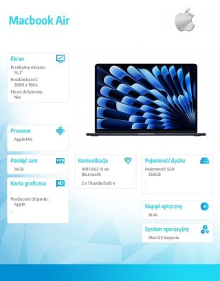 MacBook Air 15.3 cala: M4 10/10, 16GB, 256GB - Północ Apple