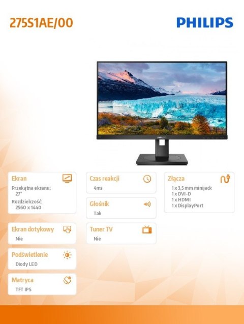Monitor 275S1AE 27 cali IPS DVI HDMI DP Pivot Philips