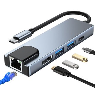 5w1 HUB rozdzielacz USB-C na USB-C USB-A HDMI RJ45 - szary Tech-Protect