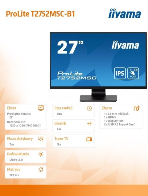Monitor 27 cali T2752MSC-B1 10 PKT. POJ,IPS,HDMI,DP,2x2USB(3.2),2x1W400cd/m2,7H, IIYAMA