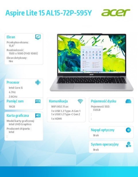 Notebook Aspire Lite 15 AL15-72P-595Y i5-13500H, 15.6 FHD IPS, 16GB, 512GB SSD, No OS, srebrny Acer