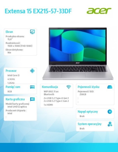 Notebook Extensa 15 EX215-57-33DF i3-1315U 15.6 FHD, 8GB DDR5, 256GB SSD, NoOS, srebrny Acer