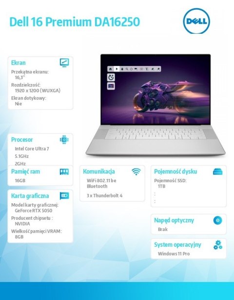 Laptop Dell 16 Premium DA16250 Win11Pro U7-255H|16GB|1TB SSD|NVIDIA GeForce RTX 5050, 8GB GDDR7| WLAN + BT|16.3 FHD|Backlit Kb|6 Dell