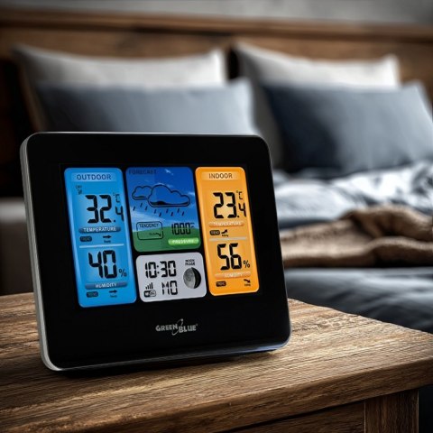 Stacja pogodowa kolorowa WiFi bezprzewodowa GB522 DCF Fazy księżyca GreenBlue