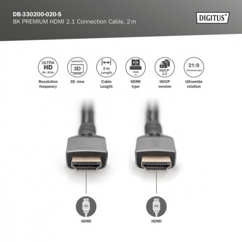 Kabel Premium połączeniowy HDMI 2.1 Ultra HighSpeed 8K60Hz UHD Typ HDMI A/A M/M 2m Czarny Digitus