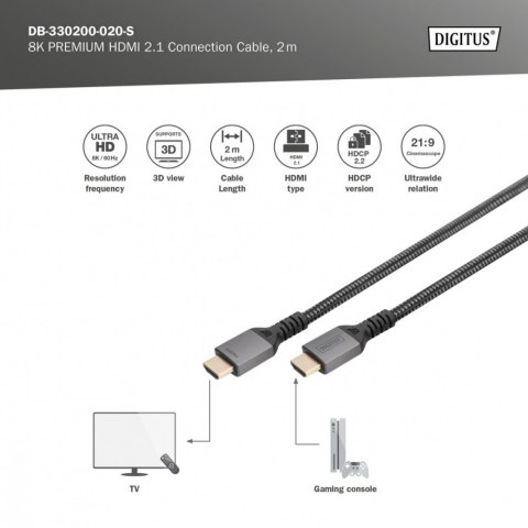 Kabel Premium połączeniowy HDMI 2.1 Ultra HighSpeed 8K60Hz UHD Typ HDMI A/A M/M 2m Czarny Digitus
