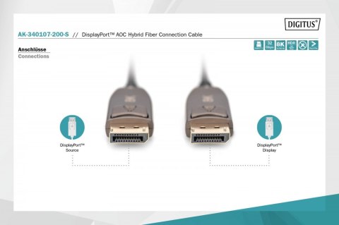 Kabel połączeniowy hybrydowy AOC DisplayPort 1.4 8K/60Hz UHD DP/DP M/M 20m Czarny Digitus