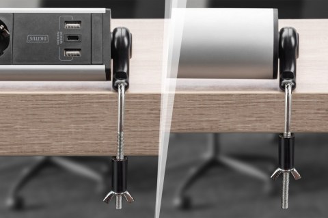 Listwa zasilająca biurowa 45° 6 gniazd, 2xUSB-A 1xUSB-C (5V/3,4A) możliwość obrotu o 180°, aluminiowa, z zaciskiem na blat Digitus