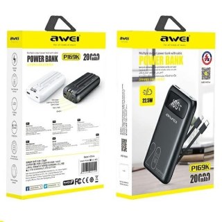 Powerbank 20000mAh P169K 22,5W USB-C+Lightning Kable / USB+USB-C AWEI