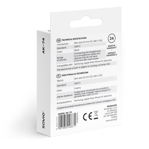 Adapter audio - USB-C Jack 3,5mm AK-74 Savio