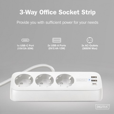 Listwa zasilająca biurkowa, 3 gniazda Schuko, 2x USB-A (2x 12W), 1x USB-C (30W) z zaciskiem na blat, kabel 1,5m, biała Digitus