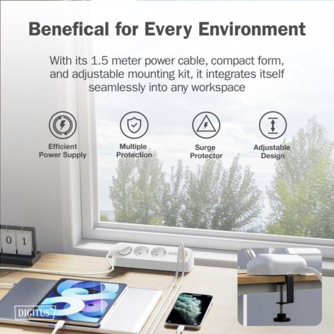 Listwa zasilająca biurkowa, 3 gniazda Schuko, 2x USB-A (2x 12W), 1x USB-C (30W) z zaciskiem na blat, kabel 1,5m, biała Digitus