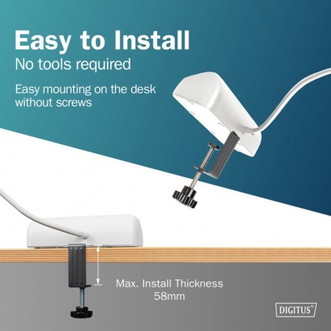 Listwa zasilająca biurkowa, 3 gniazda Schuko, 2x USB-A (2x 12W), 1x USB-C (30W) z zaciskiem na blat, kabel 1,5m, biała Digitus