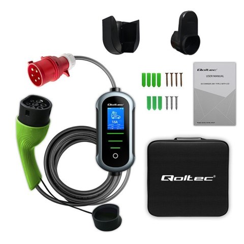 Mobilna ładowarka do samochodu elektrycznego EV z regulacją 2w1 Typ2 | 22kW | 400V | Wi-Fi | TUYA | SMART LIFE | LCD | Wallbox  Qoltec