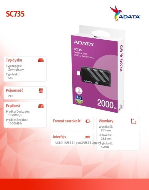 Dysk SSD External SC735 2TB U3.2C 1000/1000MB/s Grey Adata