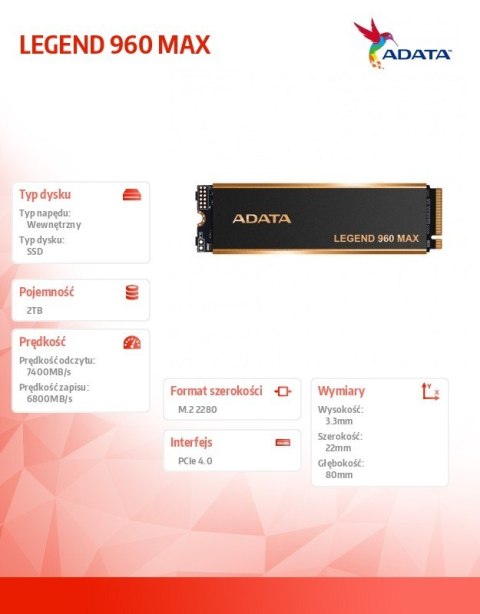 Dysk SSD LEGEND 960 MAX 2TB PCIe 4x4 7.4/6.8 GB/s M2 Adata