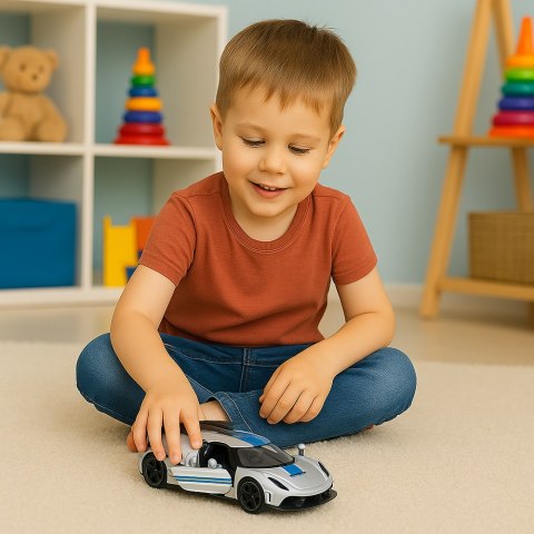 Samochód Wyścigowy Sportowy Metalowy Napęd Otwierane Drzwi Srebrny 1:32 LEAN TOYS