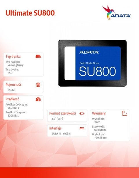 Dysk SSD Ultimate SU800 256GB S3 560/520 MB/s TLC 3D Adata