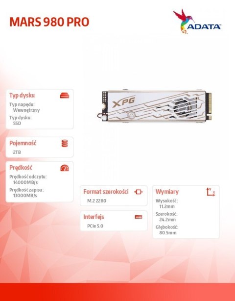 Dysk SSD XPG MARS 980 PRO 2TB PCIe 5x4 14/13 GB/s M2 Adata