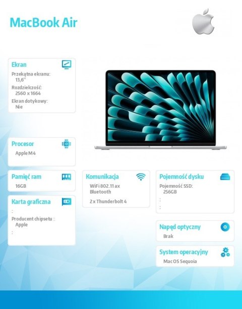 MacBook Air 13 cali /8C GPU/16GB/ 256GB Srebrny Apple