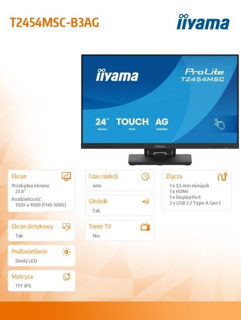 Monitor 24 cale T2454MSC-B3AG 10 PKT. POJ,IPS,HDMI,DP,300cd,FHD,2xUSB,2x2W, IIYAMA